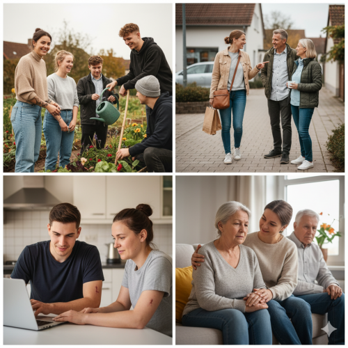 Collage aus 4 Bilder. Verschiedene Begegnungen - Menschen und ihre Betreuer.Inklusion