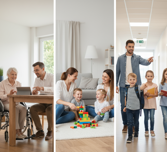 Collage mit 3 Bildern_ Seniorin und jüngerer Mann - Frauen spielen mit Kindern - Erwachsener mit 3 Kindern