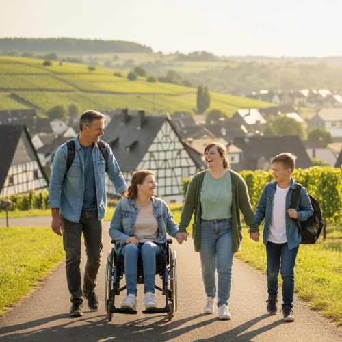 Inklusion - Mehrere Menschen wandern einen Feldweg entlang. Im Hintergrund ein Dorf.