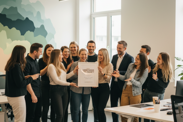 Teambild mit einer Auszeichnung, die von 3 Damen präsentiert wird. Beispielbild.