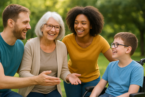 Vier fröhliche Menschen. Drei erwachsene Menschen und ein Kind im Rollstuhl.